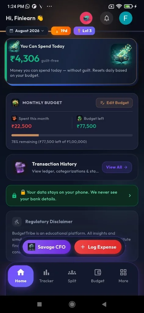 BudgetTribe Home Screen